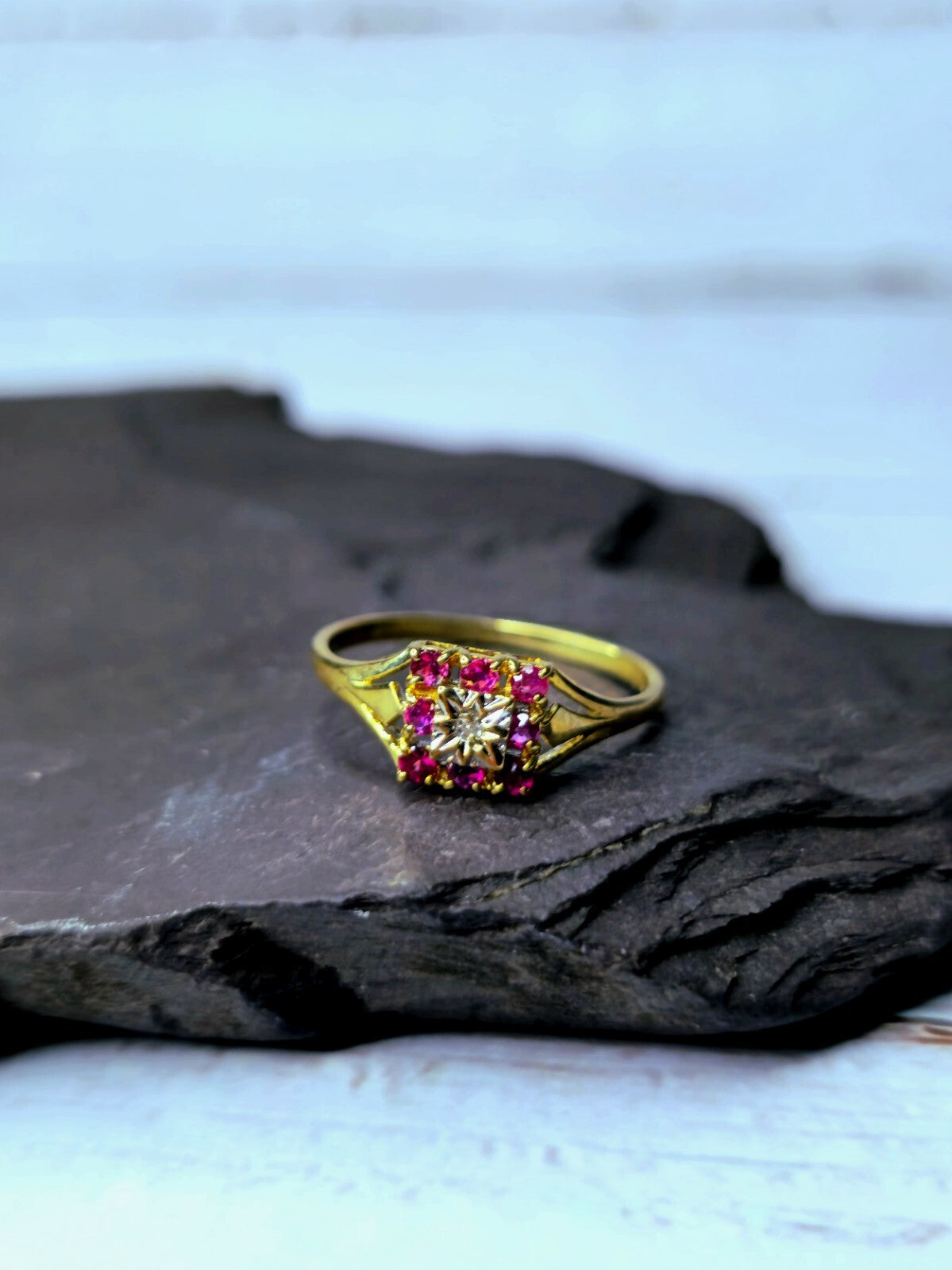 Vintage 9ct Yellow Gold Diamond Ruby Ring Square Cluster Ring size M+