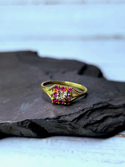 Vintage 9ct Yellow Gold Diamond Ruby Ring Square Cluster Ring size M+