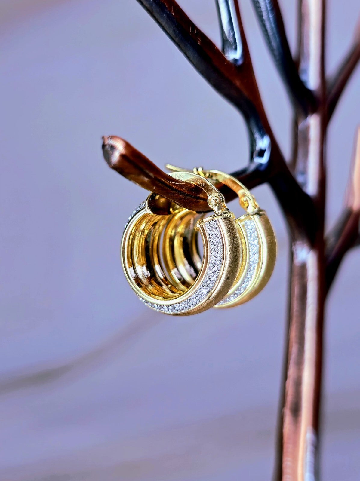 9ct Solid Yellow Gold Wide Hoop Earrings Damond Dust Hoops Glitter Moon-dust
