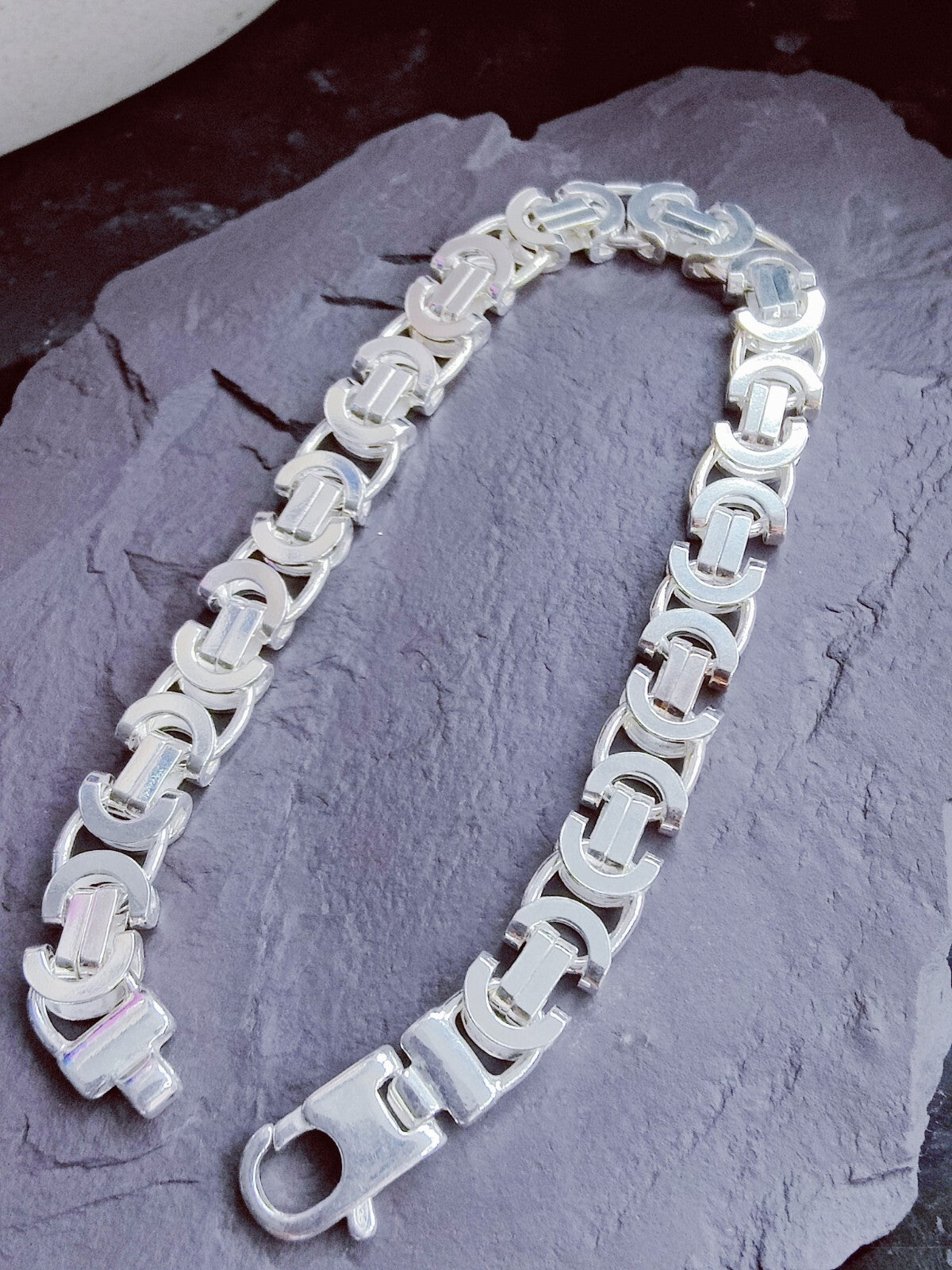925 Sterling Silver Chunky Heavy Mens Chain Bracelet 26grams Flat Byzantine 8mm