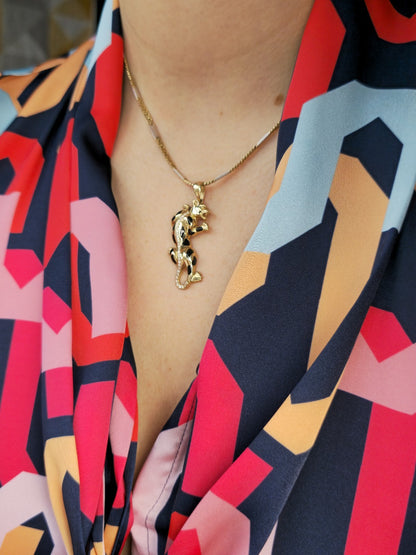 New Solid 9ct Yellow Gold Panthere Pendant Charm with CZ and Enamel Cat Puma