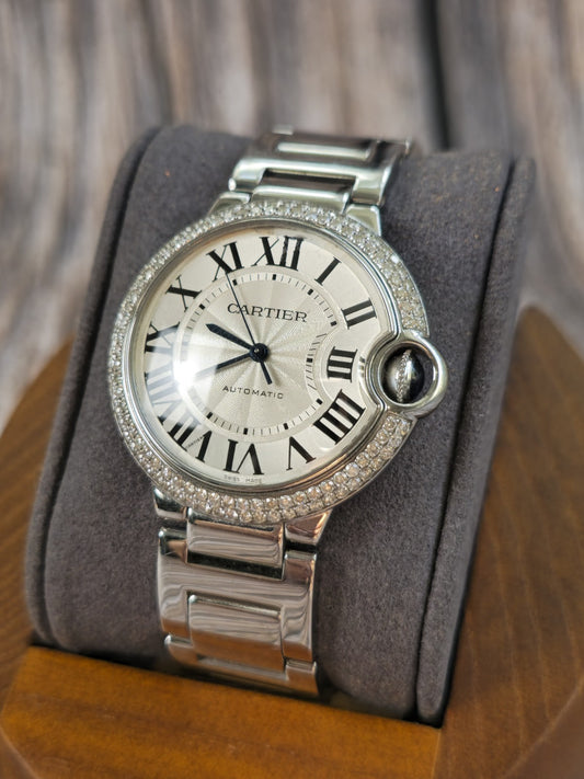 Cartier Ballon Bleu 36mm Steel Automatic Watch 2 Raw Diamond Bezel 3005 Papers
