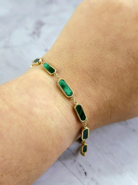 New Solid 9k Yellow Gold And Malachite Bracelet 7.5inch Hallmarked Lovely