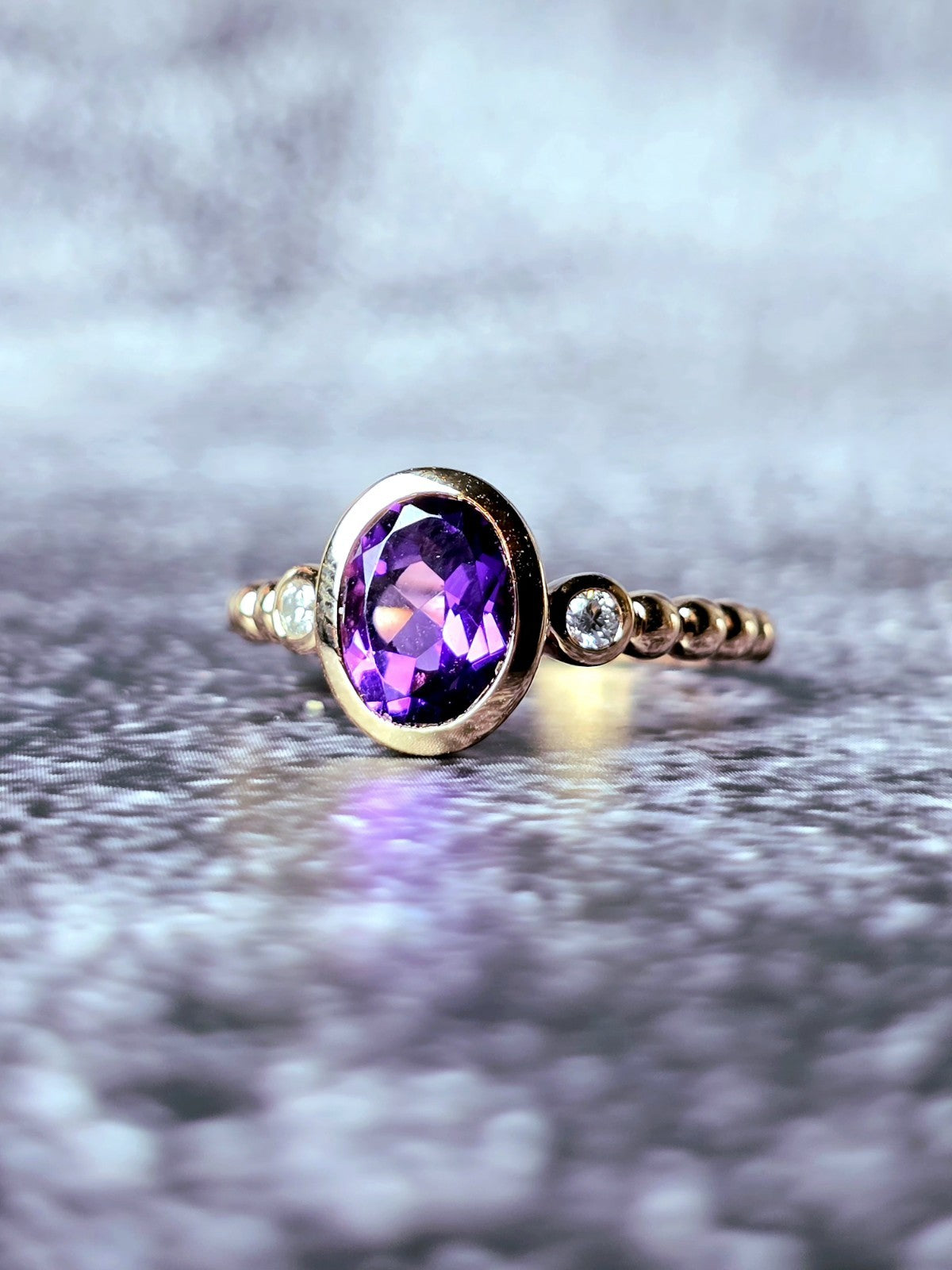 New 18ct Rose Gold Oval Amethyst and Diamonds Ring Cocktail Dress Bead Band