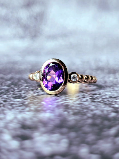 New 18ct Rose Gold Oval Amethyst and Diamonds Ring Cocktail Dress Bead Band