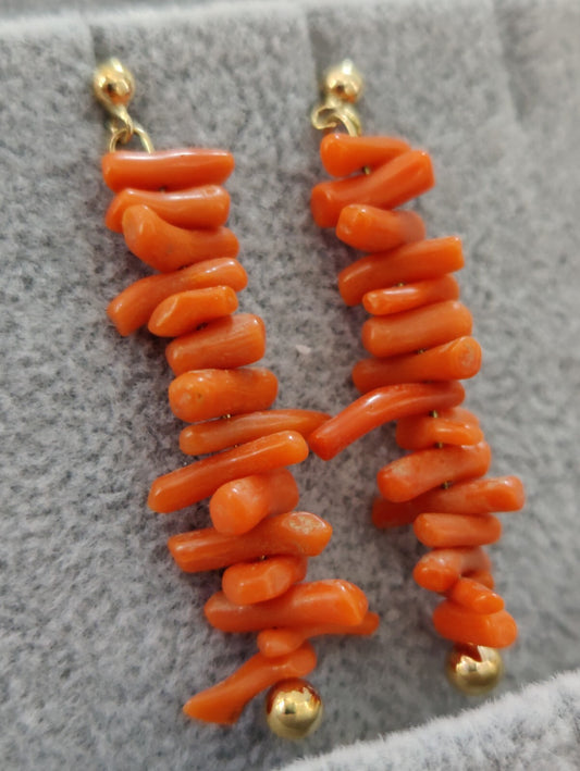 9ct Real Yellow GOLD and Natural Red CORAL Long Drop Earrings 4.5cm Vintage