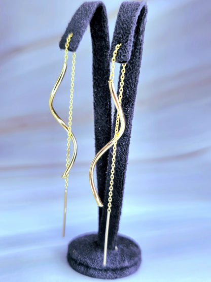 New 9ct Yellow Gold Twist Drop Earrings Squiggle Pull Through Wavy Chain 12.5cm