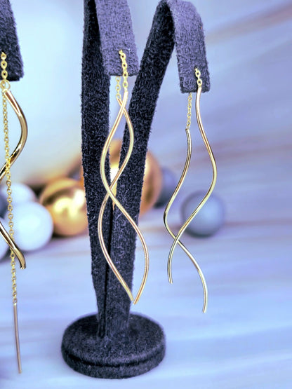 New 9ct Yellow Gold Twist Drop Earrings DOUBLE Squiggle Pull Through Wavy Moving