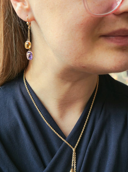 New 9ct Yellow Gold Drop Earrings 5grams Amethyst and Citrine Big Stones