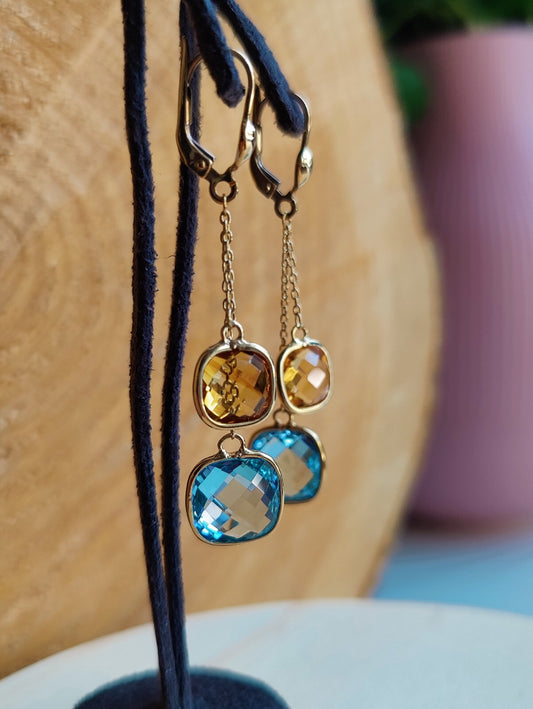 New 9ct Gold Drop Earrings 5grams Blue Topaz and Citrine Big Stones Hallmarked