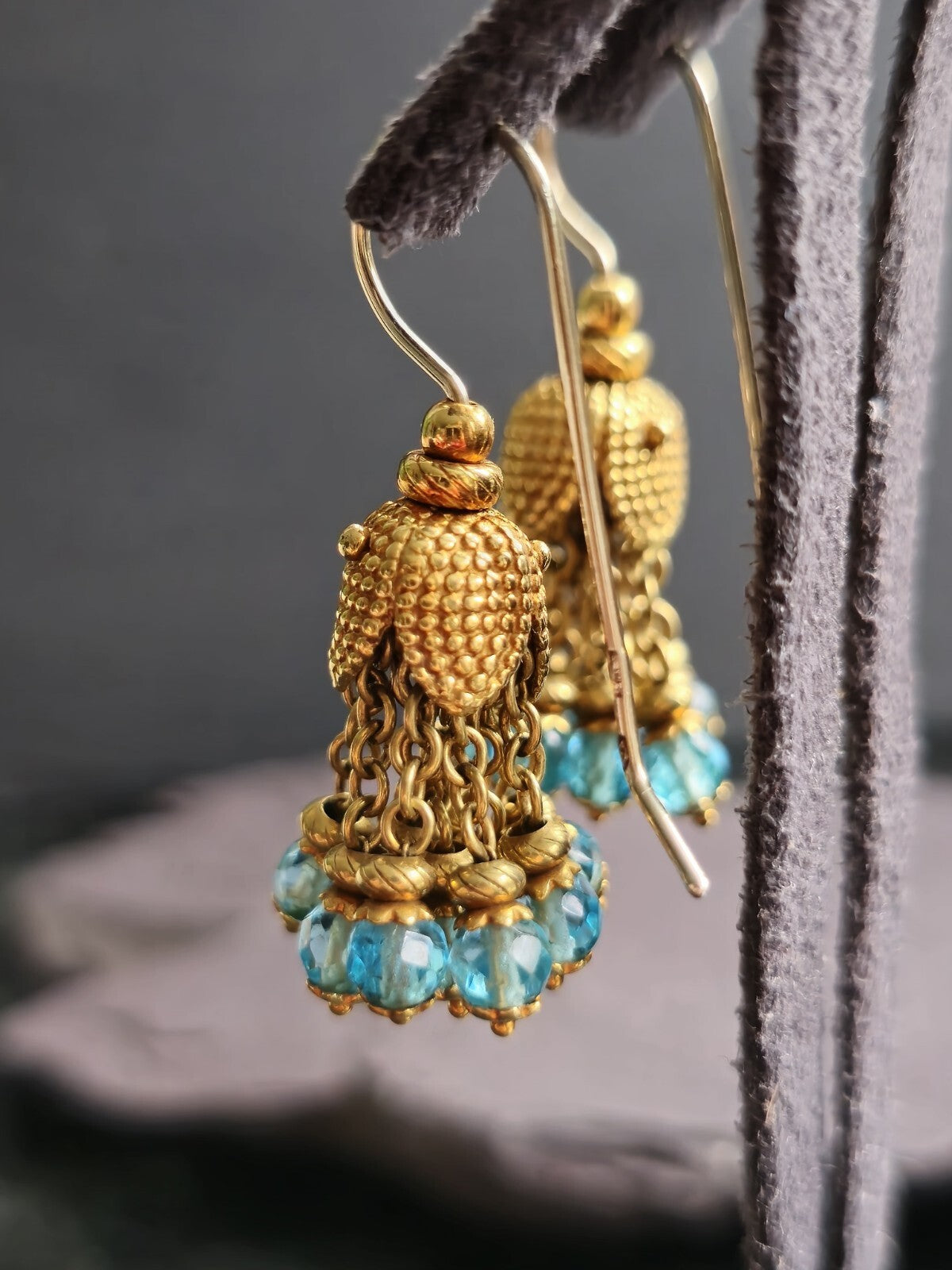 Solid 18K Yellow Gold Blue Topaz Chandelier Dangle Drop Earrings Hook Indian