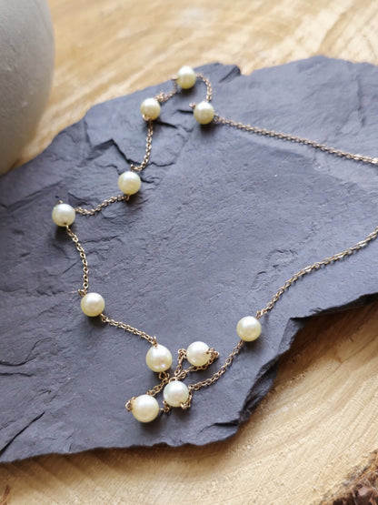 9K Yellow Gold Bars And Natural Cultured Pearls 17inch Fashion Necklace