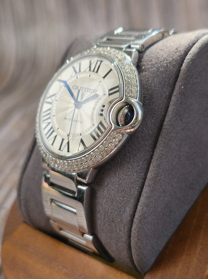Cartier Ballon Bleu 36mm Steel Automatic Watch 2 Raw Diamond Bezel 3005 Papers