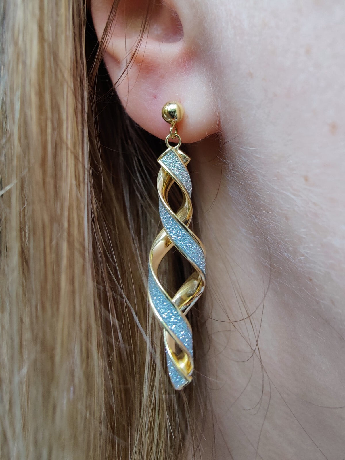 New Solid Yellow Gold 9 Carat White Glitter Moondust Twist Earrings Studs Dangly