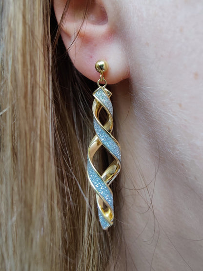 New Solid Yellow Gold 9 Carat White Glitter Moondust Twist Earrings Studs Dangly