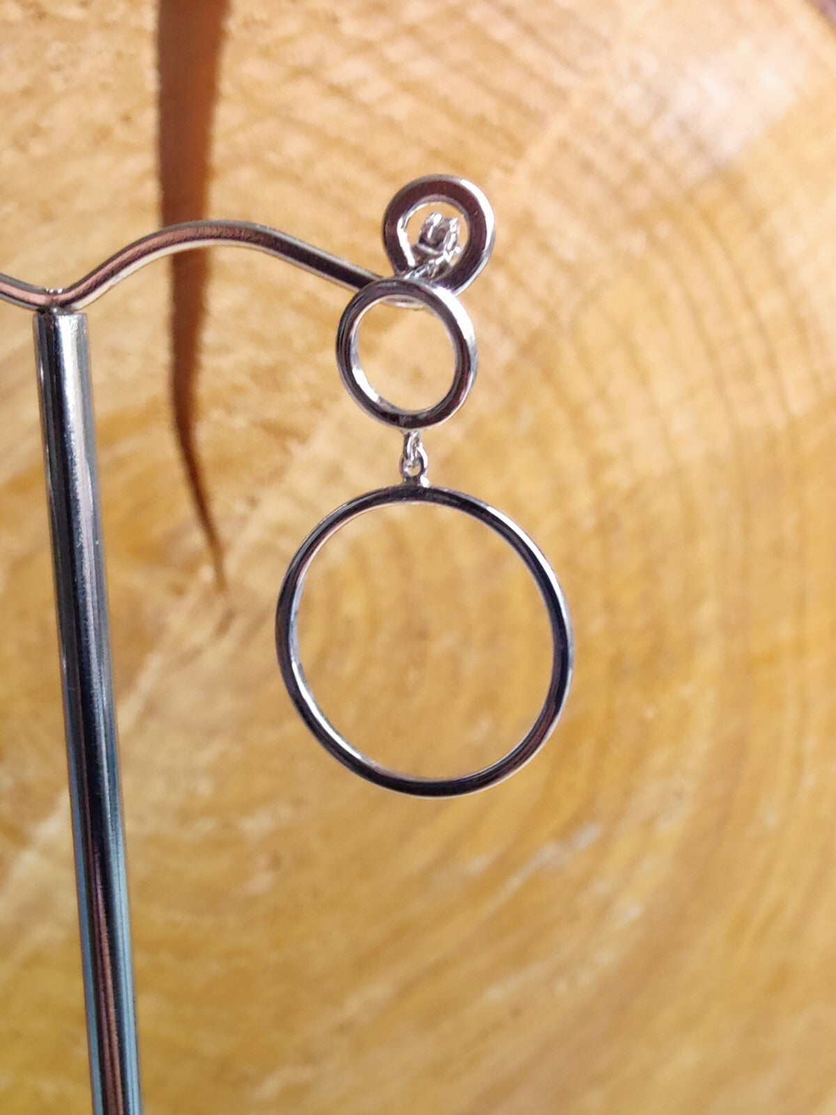 NEW 9ct Solid White Gold Drop Earrings Double Circle With Butterfly Fitting