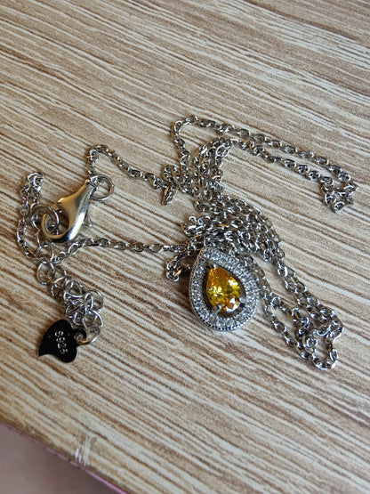 Beautiful Solid Silver Necklace with Yellow Pear CZ and White Halo, Hallmarked