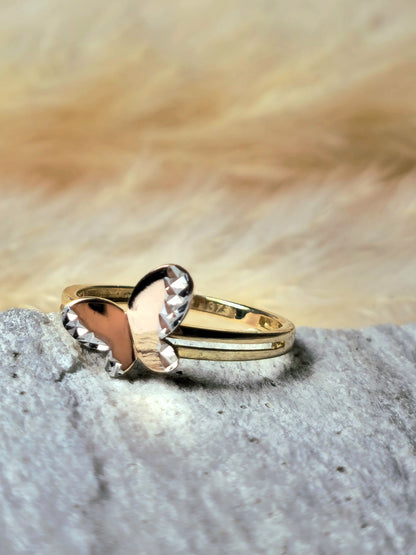 New 9ct Yellow/White Gold Butterfly Ring 3D Cute Feminine Double Band Hallmarked