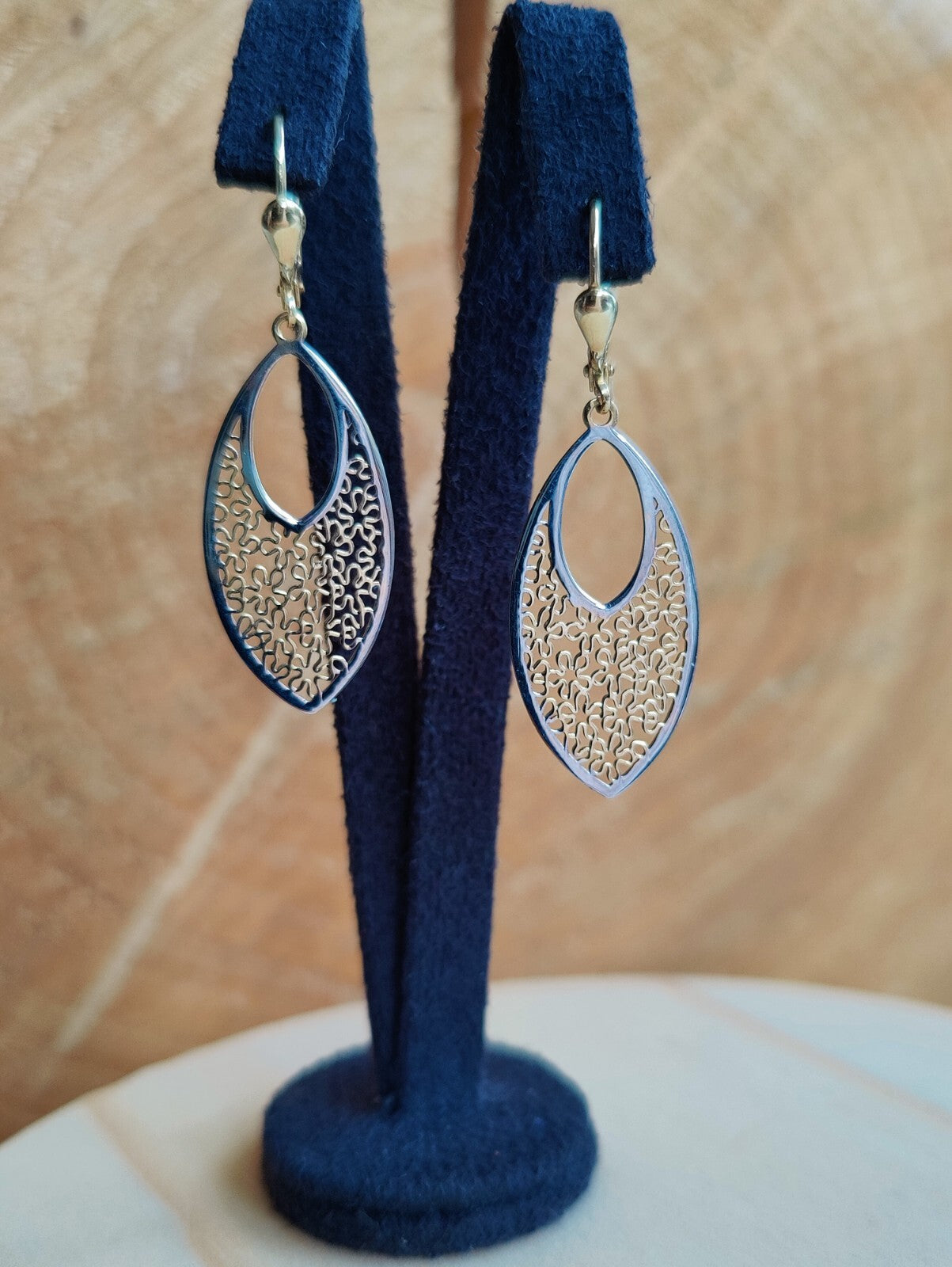 Solid Drop Dangly Earrings 9ct Yellow Gold Leverback Decorative Floral Pattern