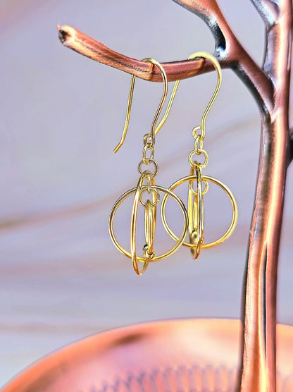 New Solid 9ct Yellow Gold Multi Circle Moving Dangling 3D Drop Earrings Hook