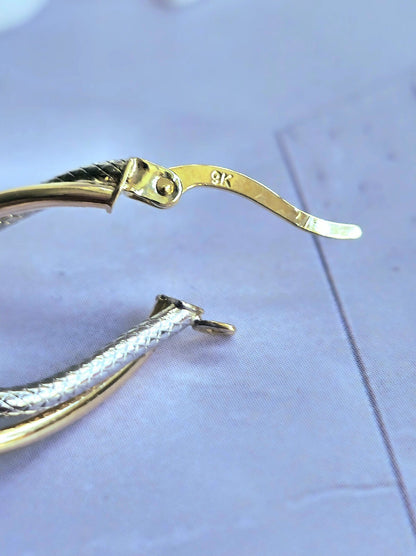 New 9ct Solid Yellow/White Gold Double Twisted Hoop Earrings Creole Hoops 25mm