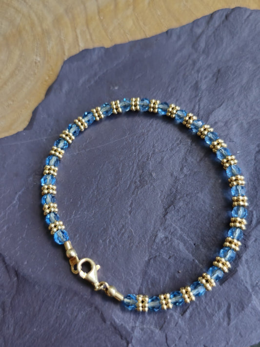 18k Yellow Gold And Blue Topaz Beaded Bracelet 8.5inch with Gold Bars Between