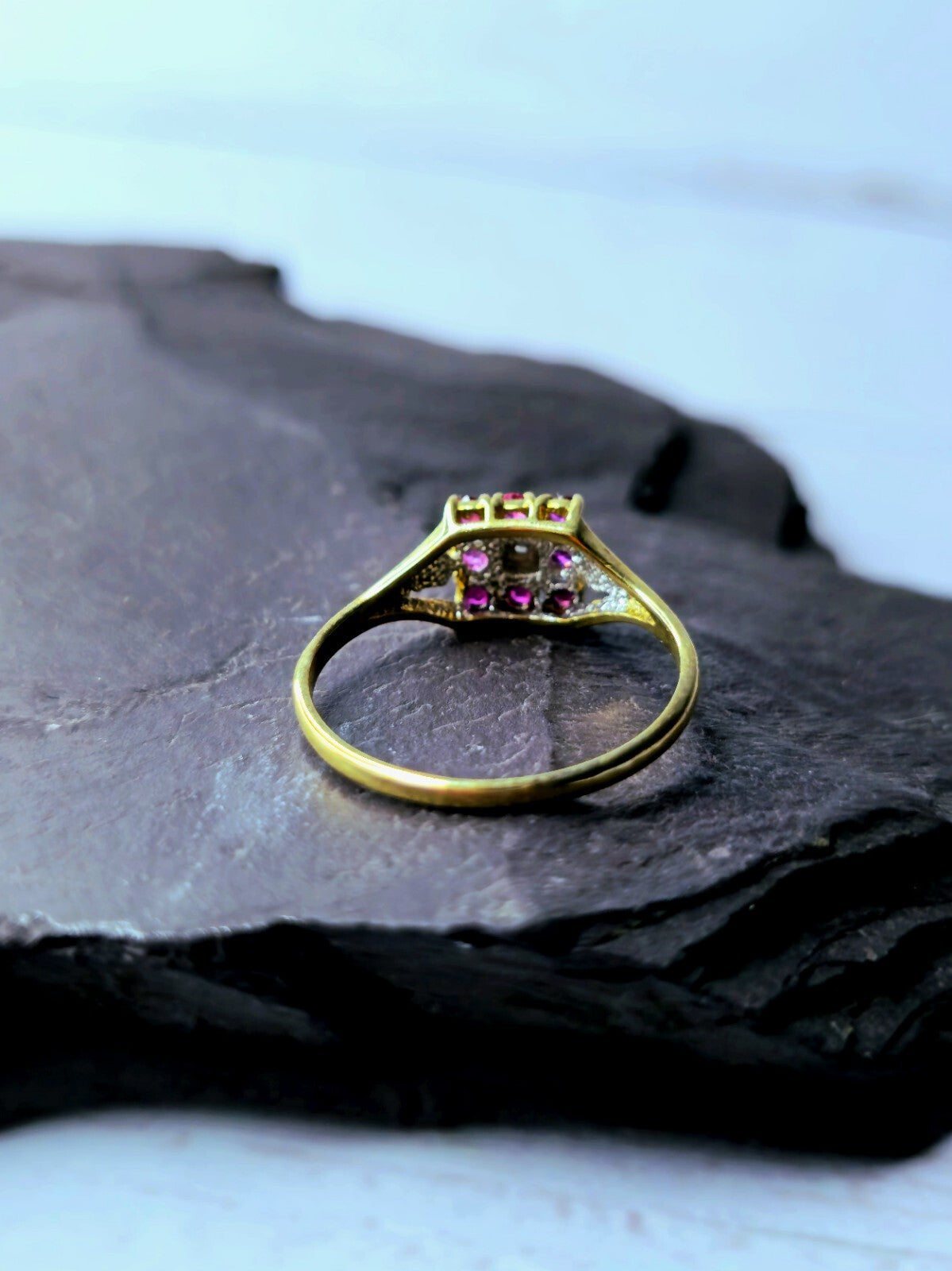 Vintage 9ct Yellow Gold Diamond Ruby Ring Square Cluster Ring size M+
