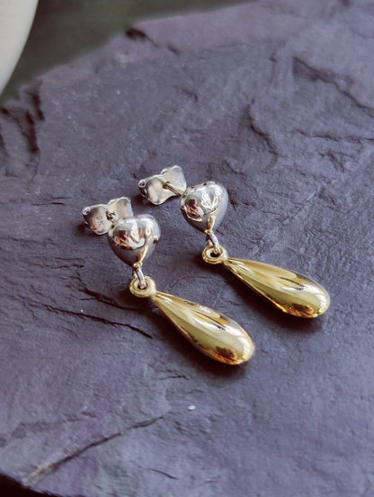 9ct Solid Yellow/White Gold Drop Earrings Studs Heart Hollow 24mm Long