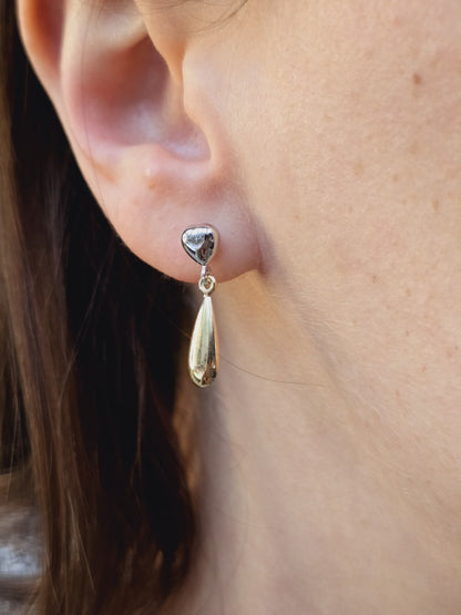9ct Solid Yellow/White Gold Drop Earrings Studs Heart Hollow 24mm Long