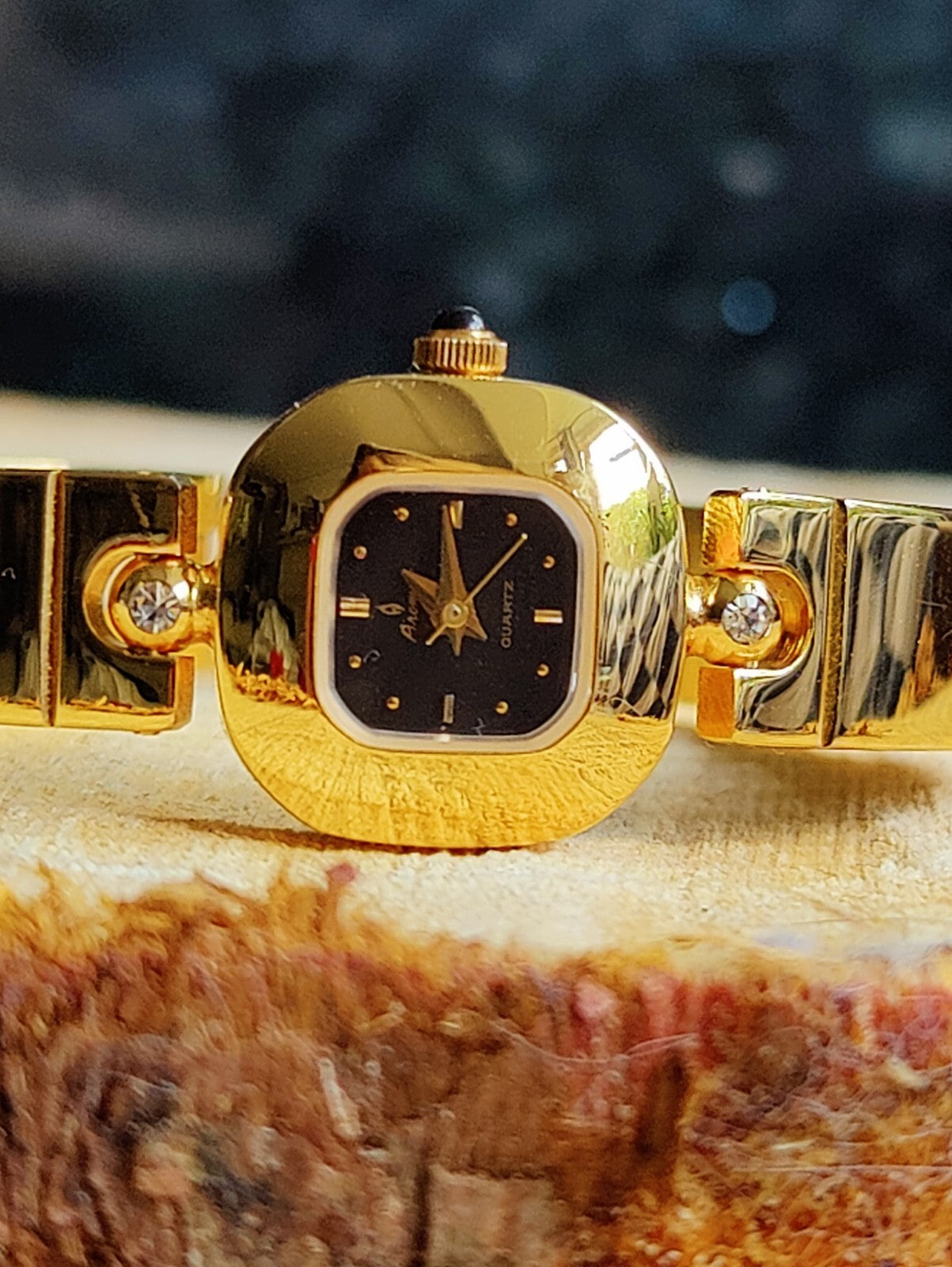 Unique Gold Plated Ladies Watch, Bangle Bracelet, Black Dial, Working, Elegant 