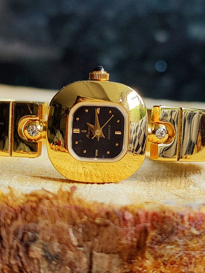 Unique Gold Plated Ladies Watch, Bangle Bracelet, Black Dial, Working, Elegant 