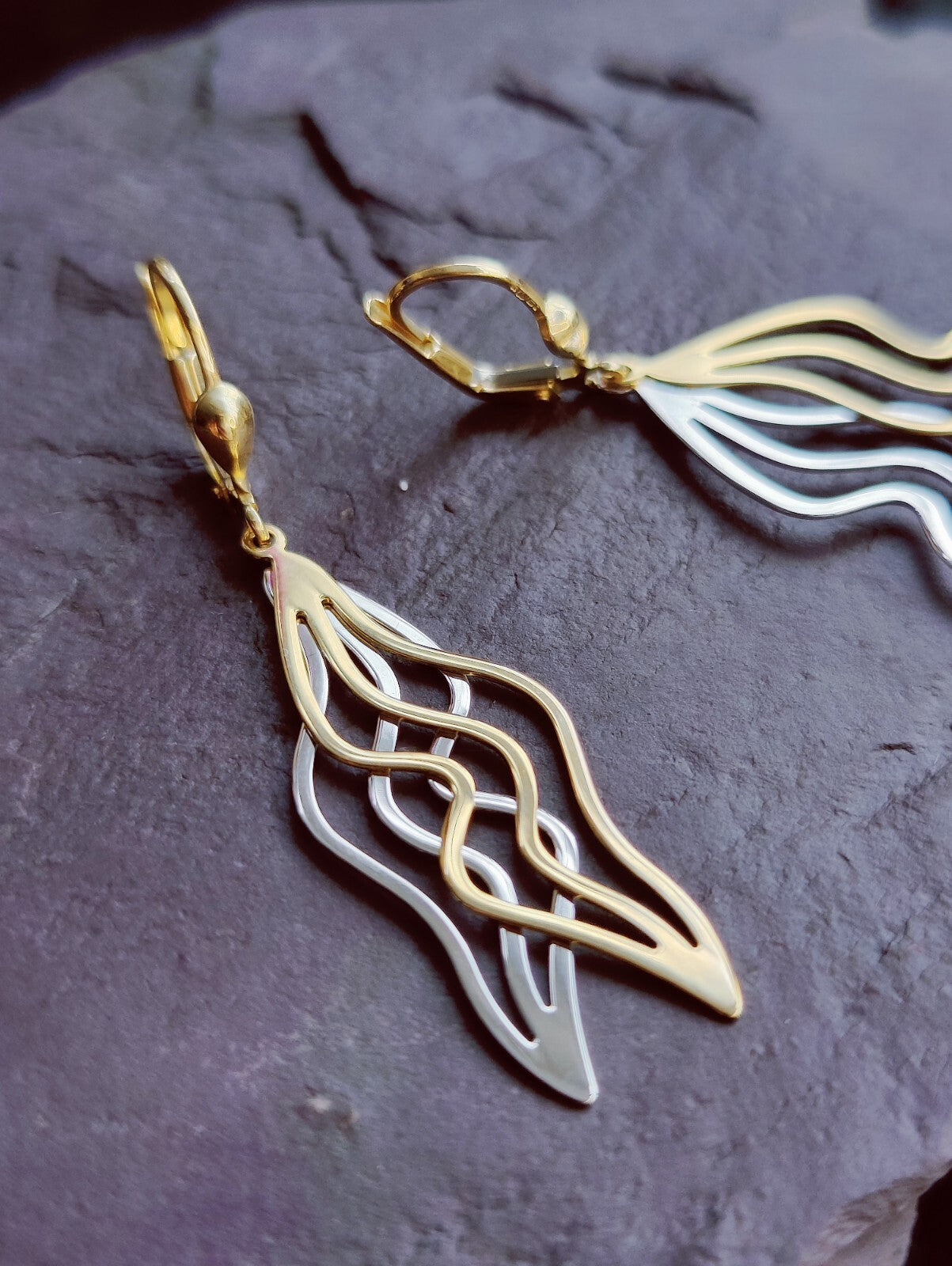 9ct Yellow/White Gold Solid Drop Earrings Long 50mm Leaf Motif Waves Lever Back