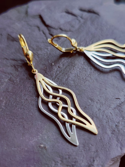 9ct Yellow/White Gold Solid Drop Earrings Long 50mm Leaf Motif Waves Lever Back