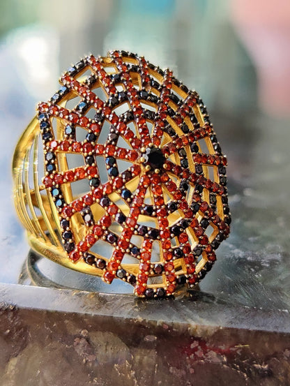Sapphire and Ruby Spider Web Ring 18K Gold Solid Coctail Unusual Design Q size