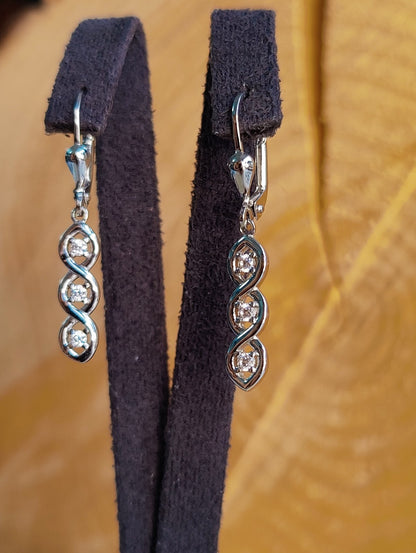 9ct White Gold triple Twist Drop Dangly Earrings with CZ Leverback Hallmarked