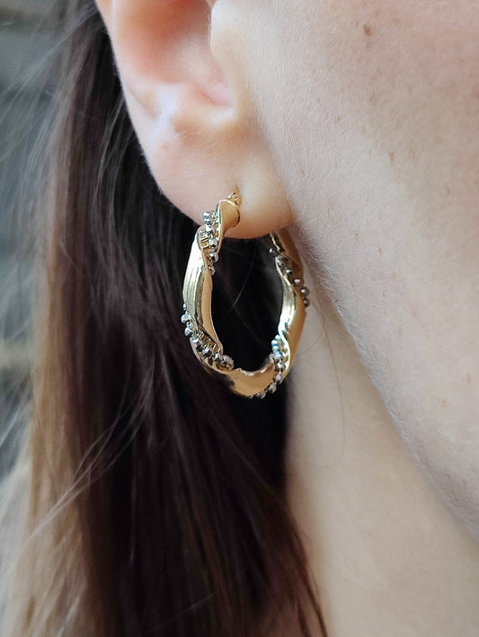 NEW 9ct Yellow/White Gold Twisted Earrings Hoops with Beaded Chain 28mm 4grams