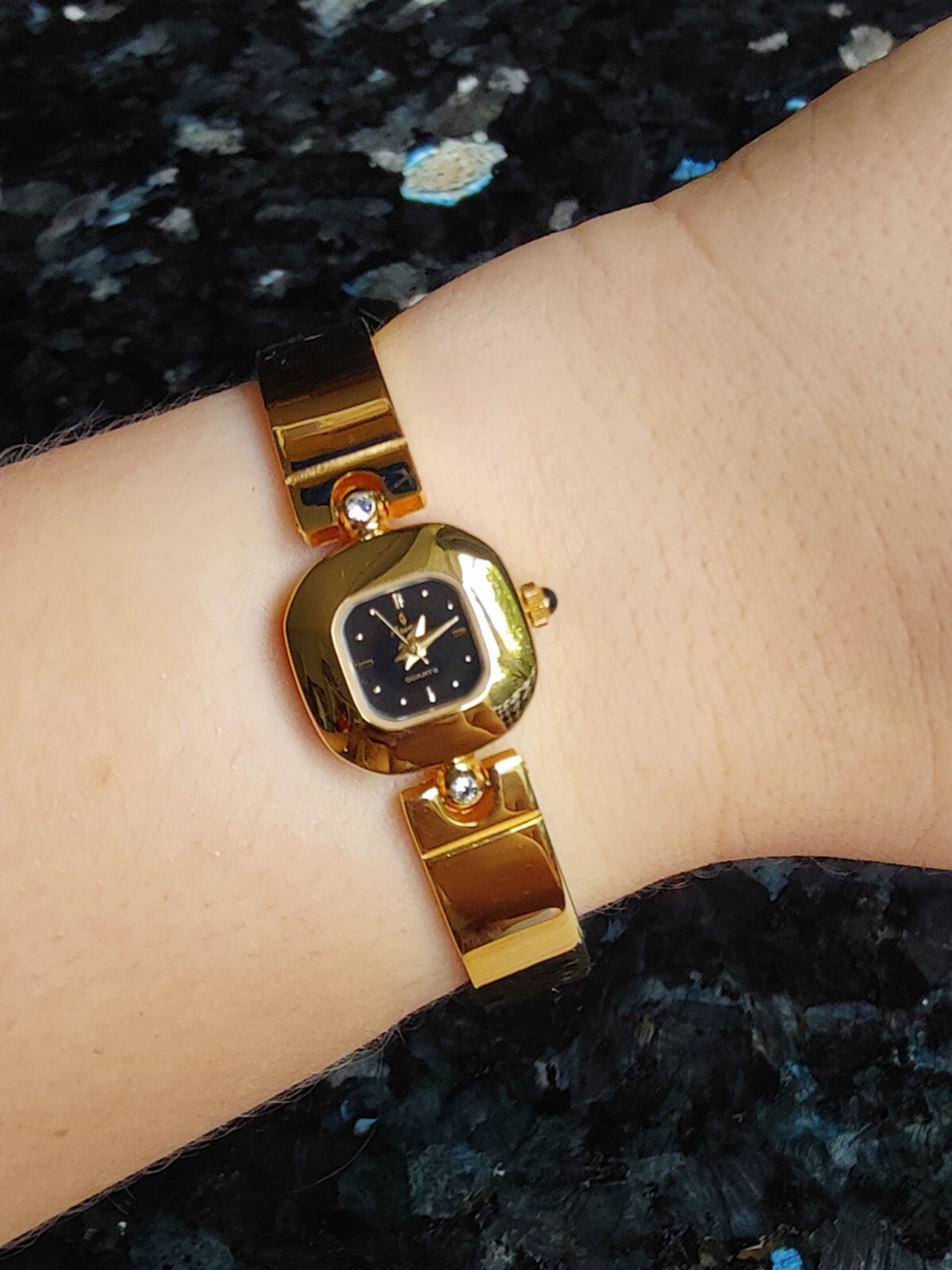 Unique Gold Plated Ladies Watch, Bangle Bracelet, Black Dial, Working, Elegant 