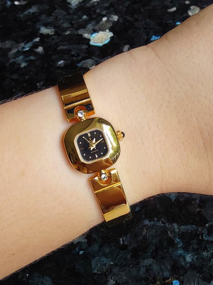 Unique Gold Plated Ladies Watch, Bangle Bracelet, Black Dial, Working, Elegant 