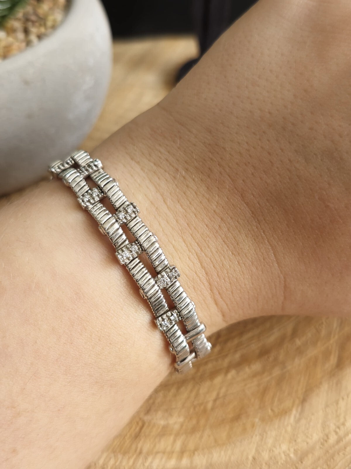 Solid 18k White Gold Jewellery Set of Diamond Bracelet and Earrings Heavy Hoops