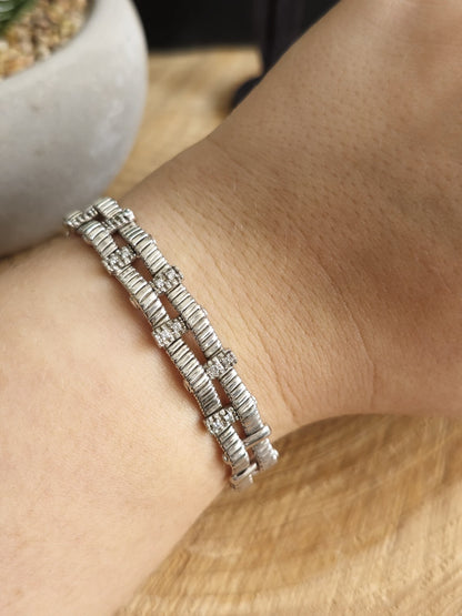 Solid 18k White Gold Jewellery Set of Diamond Bracelet and Earrings Heavy Hoops