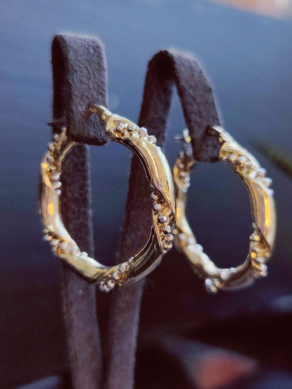 NEW 9ct Yellow/White Gold Twisted Earrings Hoops with Beaded Chain 28mm 4grams