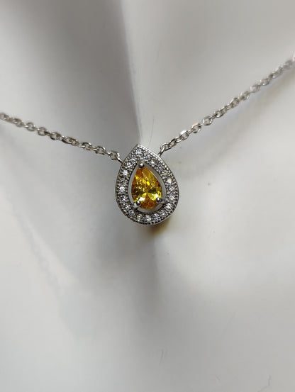 Beautiful Solid Silver Necklace with Yellow Pear CZ and White Halo, Hallmarked