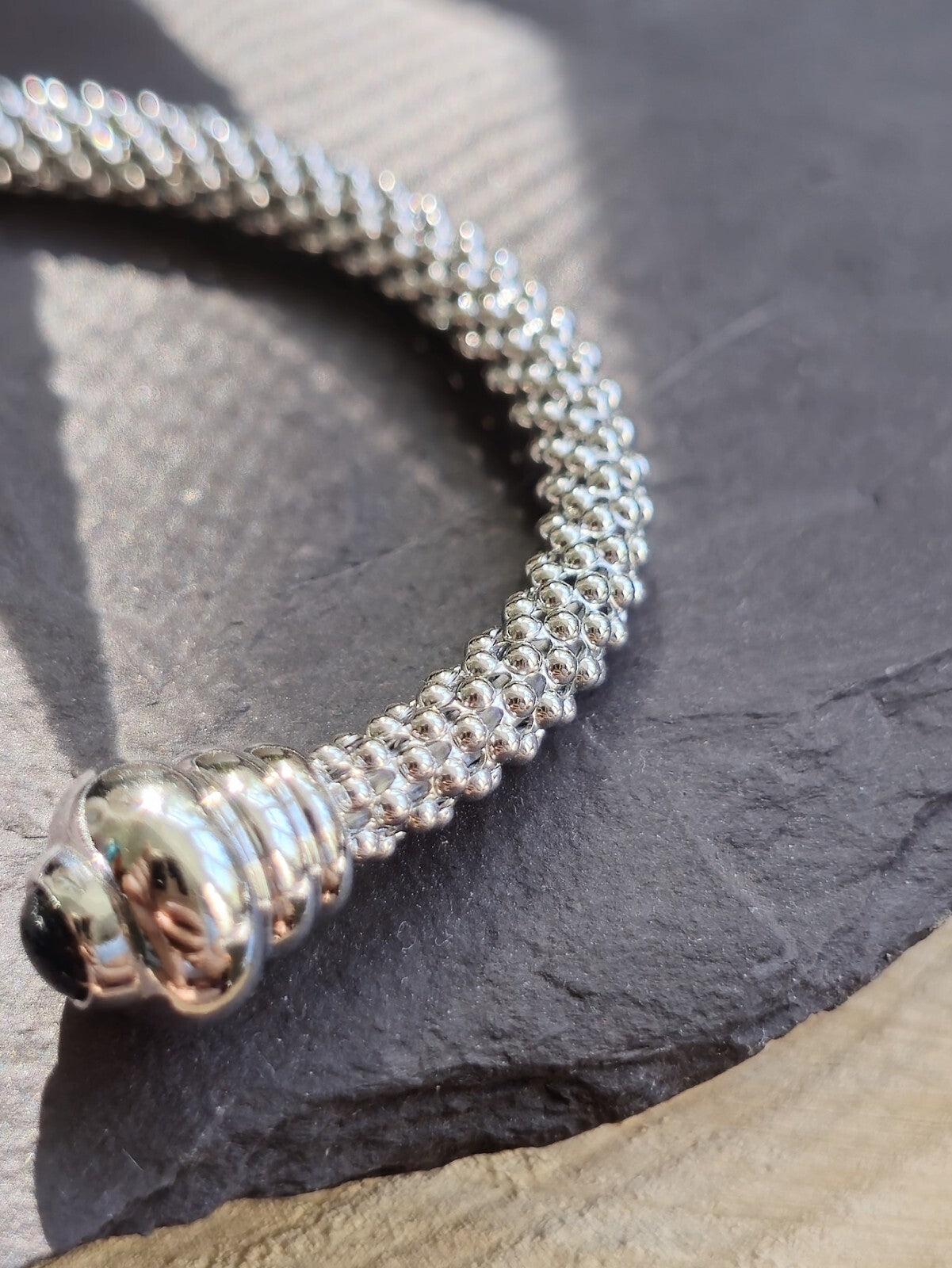 New 9k White Gold TORQUE BANGLE TORQ BALL Open Split BRACELET Hallmarked Beaded