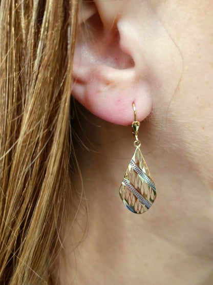 New 9ct Yellow/White Gold Solid Drop Teardrop Earrings Lever back Pattern