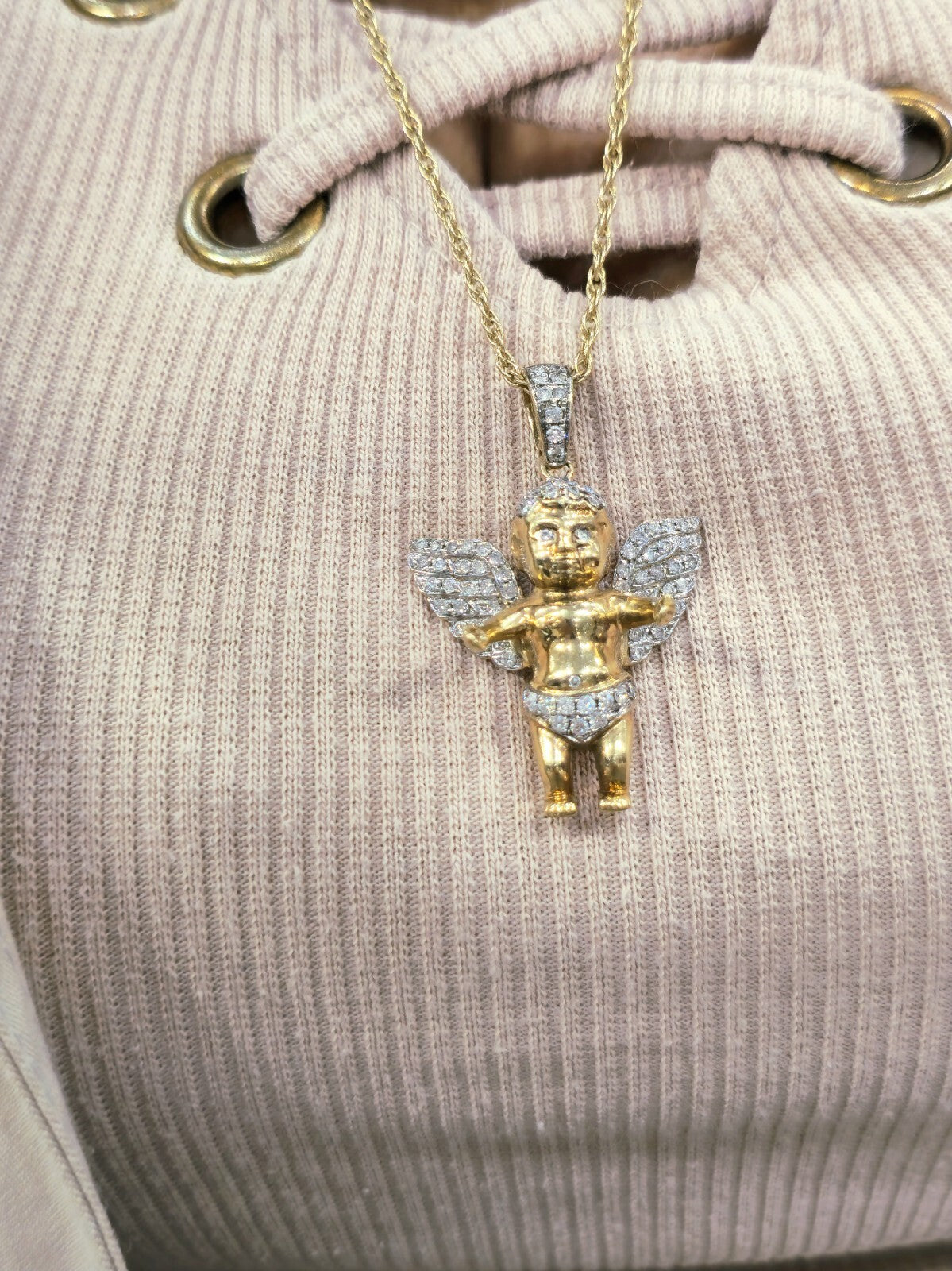 10K YELLOW GOLD PENDANT BABY ANGEL NATURAL DIAMONDS WINGS CROSS WITH CHAIN 25"