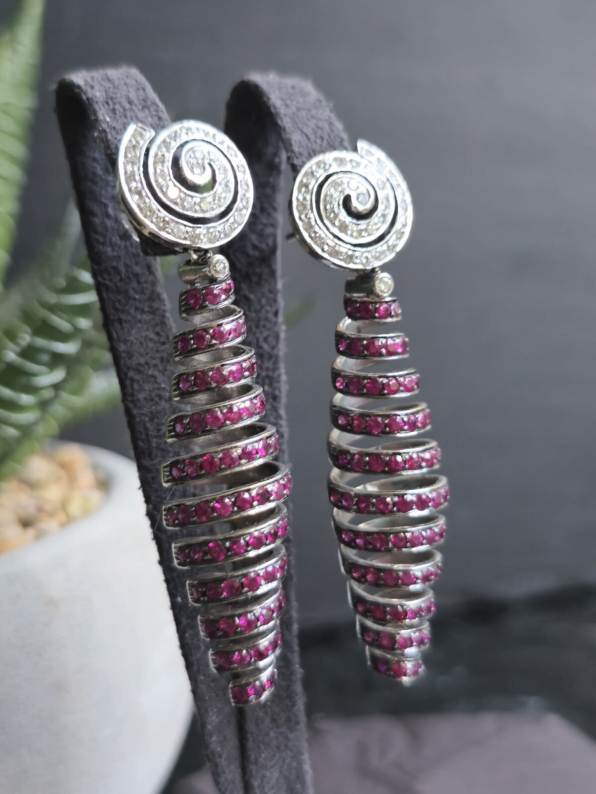 14ct and 16ct White Gold Natural Diamonds and Ruby Dangle Earrings Heavy
