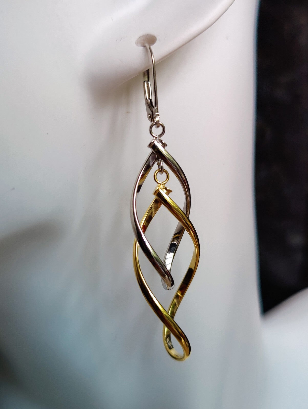 New Solid 9ct Yellow White Gold Double Twist Drop Earrings Leverback Clasp 