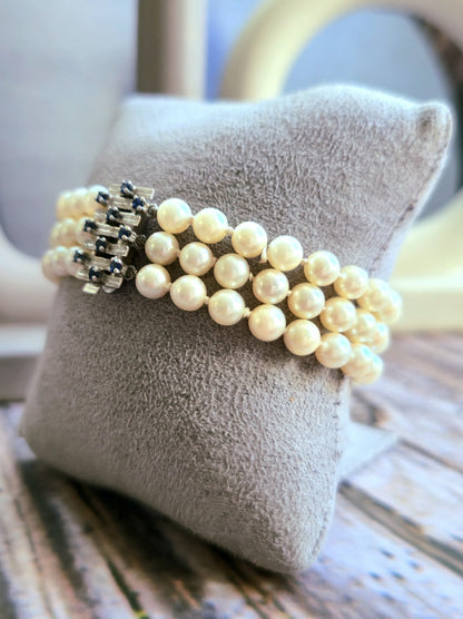 Vintage 14K White Gold and Sapphire Pearl Bracelet 3 Row Triple String 585