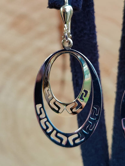 NEW OVAL Earrings 9ct Yellow/White Gold Leverback Hallmarked Greek Key Pattern 