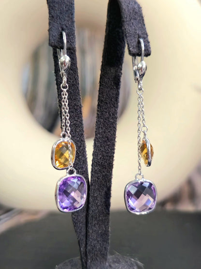 New 9ct White Gold Drop Earrings Amethyst and Citrine Big Stones Dangling Dress